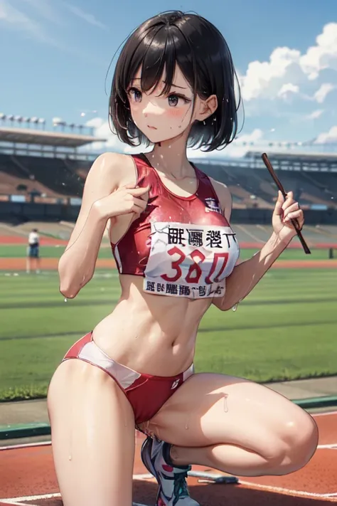 NSFW、very cute and beautiful girl,Very thin body、Model body type、(Highly detailed beautiful face), (((全身にSweatをかく))),(((Sweat)))、(((Sweat臭い)))、(((Body odor)))、blush,((Black Hair、short hair、Pink highlights on the inside)),((Gal、Medium chest)),((Track and fi...