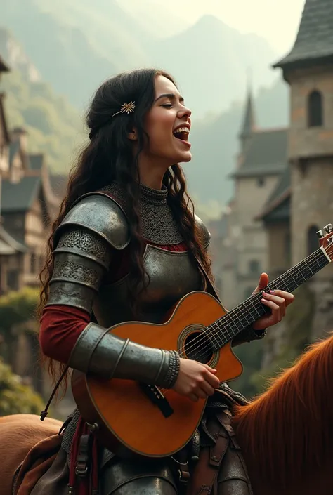 A teenage indigenous woman in medieval knight armor singing passionately with guitar in a magical village on horseback

