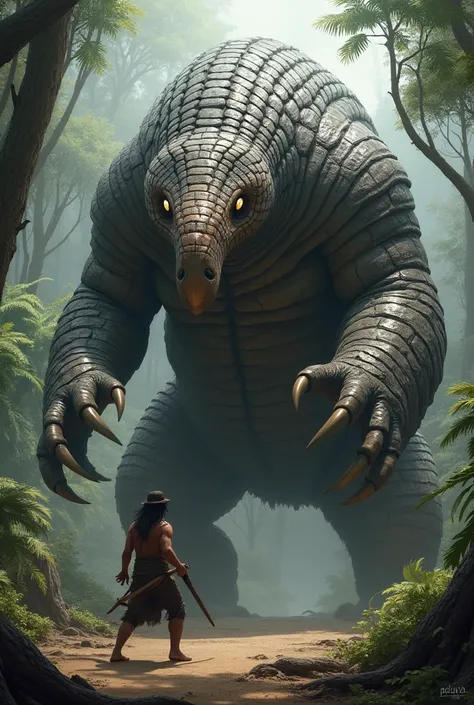 Prehistoric giant pangolin near a human, the human killed him