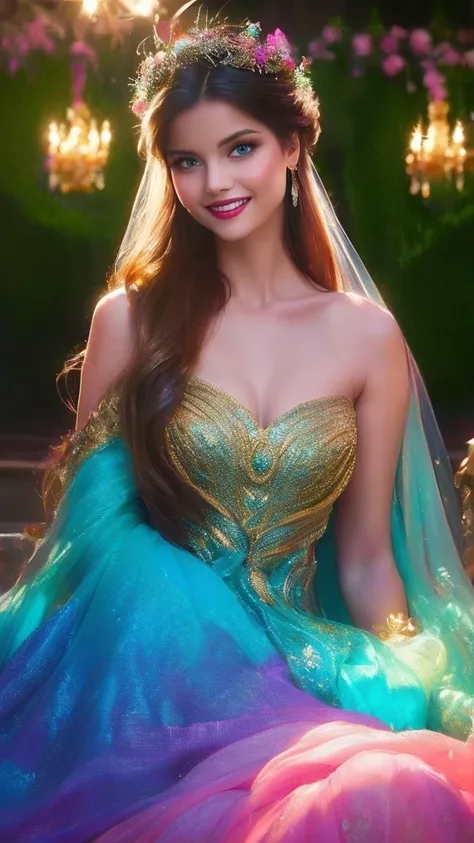 (a beautiful woman in a stunning gown of flowing silk with a radiant smile and captivating eyes),vibrant colors,highres,ultra-detailed,sharp focus,soft lighting,realistic,fantasy-inspired,portraits,subtle color palette,ethereal glow,fairytale,graceful,past...