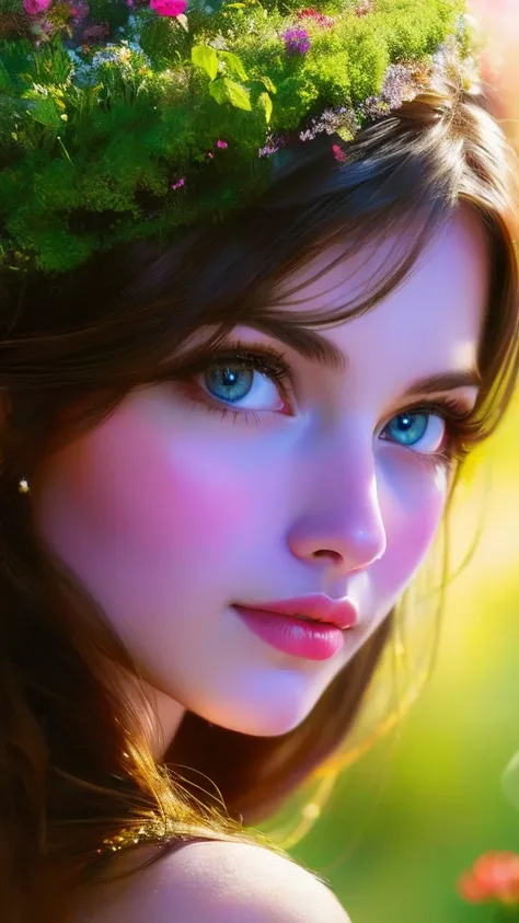 A girl in a garden,half:illustration,beautiful detailed eyes,beautiful detailed lips,Extremely detailed eyes and face,long eyeslashes,High Resolutions,ultra detailed,fotorrealist,vivid colors,bokeh,Portraits,warm tones,soft lighting, (The best quality,4k,8...