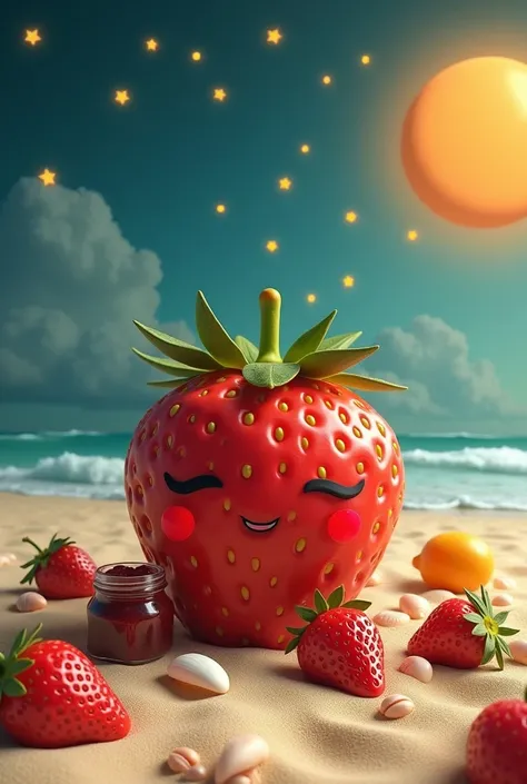 A strawberry with a face lying on the beach with a jam failure next to it and some fruits and shells in the sand and stars, the sun in the sky that is noticeable a little 