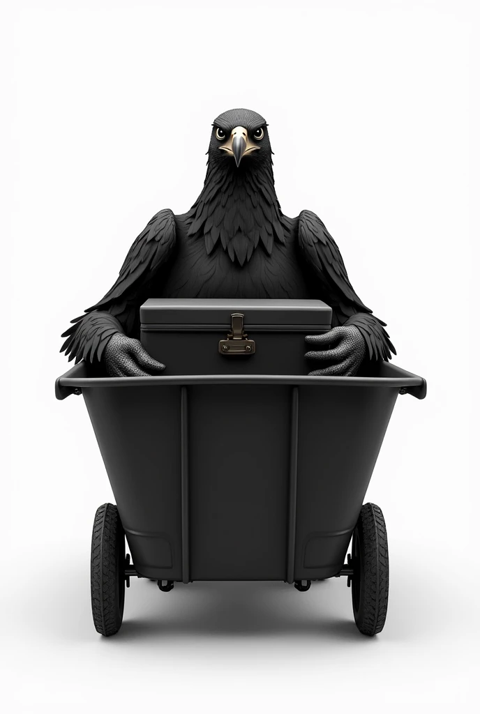  A Black Eagle Without Any Eyes Is Holding A Black Box In A Black Cart With The Leg, The Image Shouldn’t Have Any Texture It Has To Be Plain Black And The Background Should Be White.