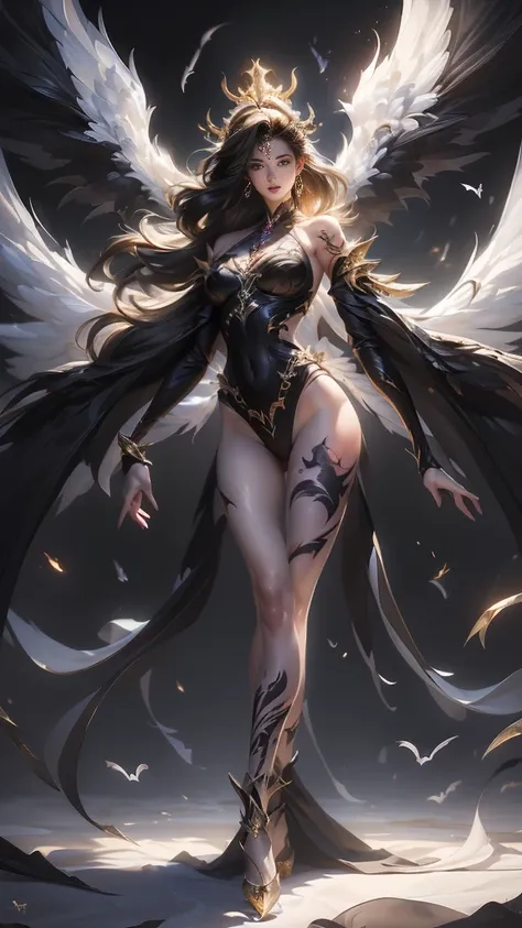 ((Perfect dynamic composition:1.7, Detailed tattoos all over the body:1.6, Wear exquisite jewelry:1.6)), Highly detailed skin and facial features:1.3, Details of the limbs, wings on shoulder, Angel wings and devil wings, white wings and black wings, (Reali...