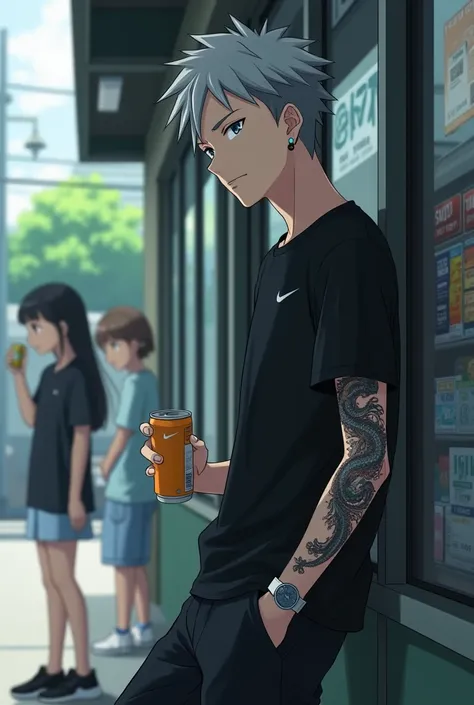 a 16 year old boy,in anime style of the Seinen Genre.
His appearance is Gray Hair, grayish blue eyes and light beige skin color.

Wearing a Black Nike T-Shirt , Black Pants and Black Nike Sneakers.

He is wearing black earrings in his ear, wearing a small ...