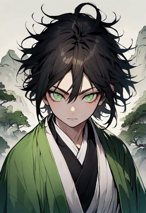 Boy belonging to the black-haired Demon Slayer hashiras,light green eyes,with a green haori 