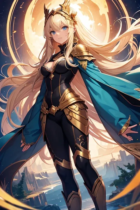 Create an image of a character in ornate golden armor with long flowing hair, standing confidently within an elaborate frame against a sky backdrop. The character is a 25-year-old woman with an anime style. She is wearing tight blue pants. The character is...