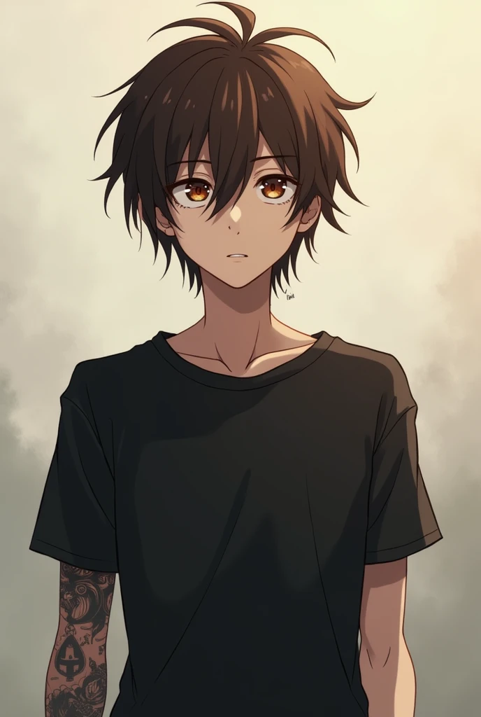 Anime style image of a thin male with brown hair and eyes, black t-shirt and tattoo only on his left arm 