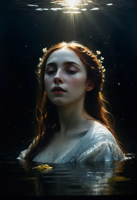 painting of a Ophelia lies on the surface of the water, sun spots on her white face, dark atmosphere, cinematic scene, volumetric lights, ultra realistic, in the style of nicola samori