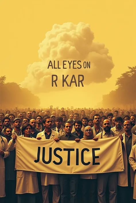 Indian doctors protesting by holding a bannerJUSTICE..[VERTICAL IMAGE], yellowish,medium contrast .. 100 of doctors are very angry and some are crying .. realistic picture.. women doctors are also angry..in. the sky there is a line by cloud "ALL EYES ON R ...