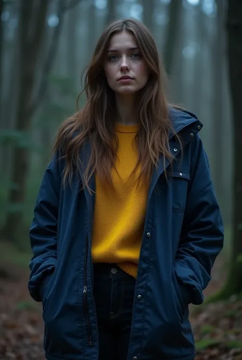 
Fille brune portant un pull jaune qui descend de ses epaules sur un habit bleu nuit un jean noir, de dos, debout dans une forêt très brumeuse la nuit ;a droite de limage sombre
   Breeze écrit en haut de limage (police:16)
walfwalker écrit en bas 