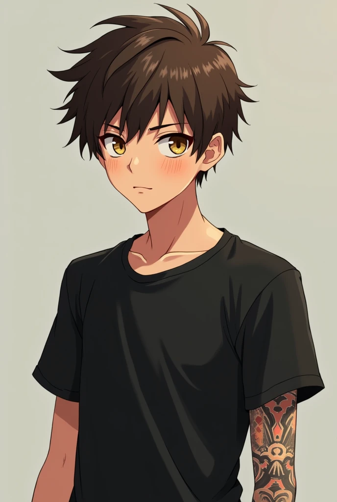 Anime style image of a thin male with brown hair and eyes, black t-shirt and tattoo only on his left arm 