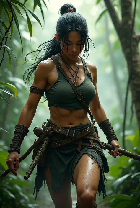 Onna-bugeisha surviving in the jungle with her sexy torn clothes