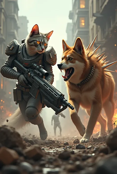 cat with firepower fighting a dog with the power to create spikes 