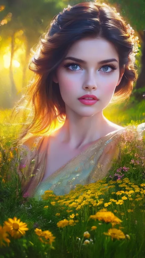 A girl in a garden,half:illustration,beautiful detailed eyes,beautiful detailed lips,Extremely detailed eyes and face,long eyeslashes,High Resolutions,ultra detailed,fotorrealist,vivid colors,bokeh,Portraits,warm tones,soft lighting, (The best quality,4k,8...