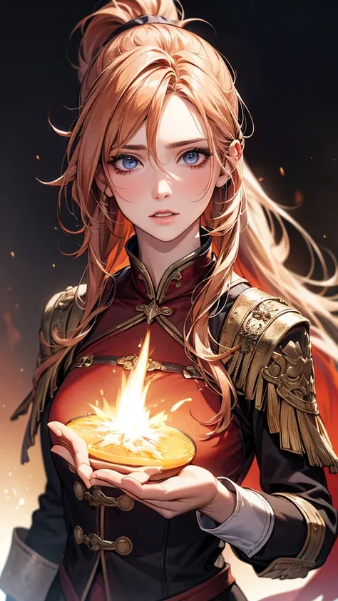 Highest quality, Ultra-high resolution, (Realistic: 1.4), Beautiful eyes, Super beautiful, Beautiful beauty, One person、Wizard, Western style red tones、inflammation、whole body、(Golden Hair、ponytail),Beautiful soldier, Eyes that beckon, Droopy eyeistress&#3...