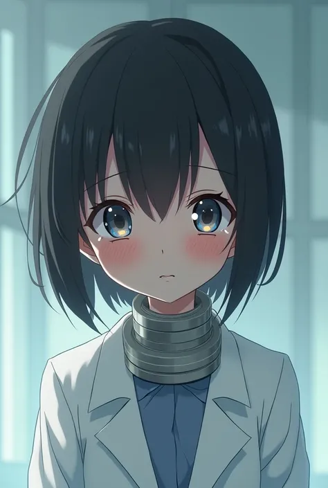 anime kid girl short hair wearing a lab coat and a metallic collar like and experimental subject facing down with fear in her eyes with tears flowing down her cheeks 
