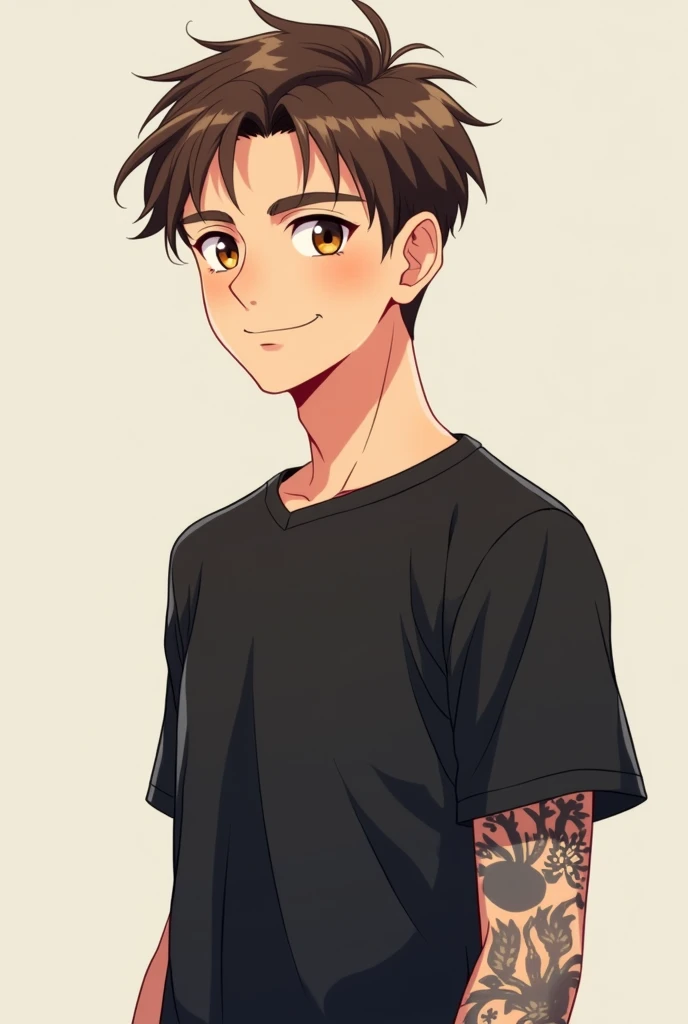 Anime style image of a thin male smiling with brown hair and eyes wearing a black t-shirt and a tattoo on his left arm only 