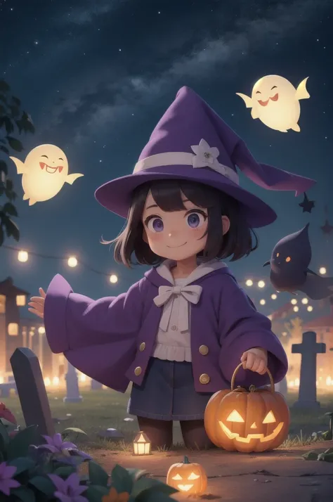 ((masterpiece,Highest quality)),Absurd,cute_Ghost,No humans,alone,Ghost,floating,Halloween,Pokemon (Living things),cute,alone,smile,View your viewers,Purple Theme,Cemetery in the background,night空、Beautiful stars、cute、night、Bat