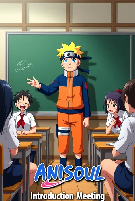 Create a poster for anime club Anisoul introducing meeting (in anime style photo)
( a class room image in which naruto is teaching in school uniform on board , luffy is laughing at his seat in his school uniform ,  gojo and sukuna are fighting in there sch...