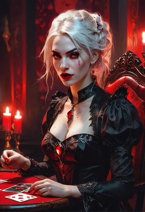 a portrait of a vampire playing poker game of cards, holding cards ((cards not shown:1.5)) the cards are dripping blood, an exquisite beautiful vampire, goth vampire, ((dynamic hair color: 1.5)), white pale skin, some blood veins are seen on the skin, red ...