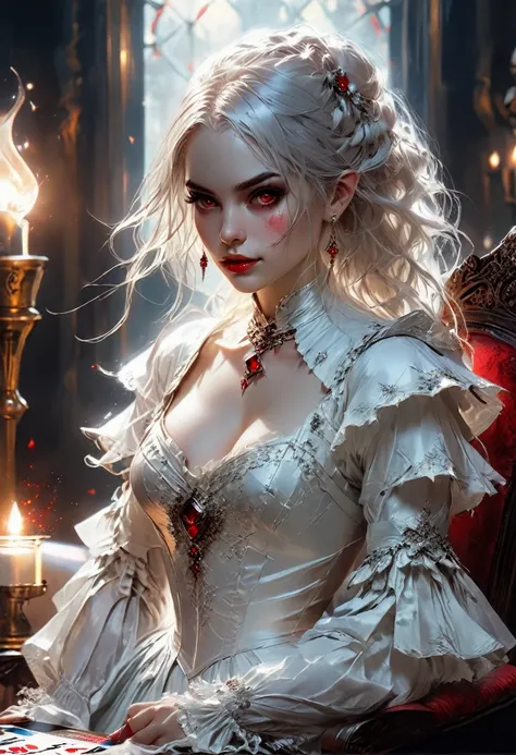 a portrait of a vampire playing poker game of cards, holding cards ((cards not shown:1.5)) the cards are dripping blood, an exquisite beautiful vampire, goth vampire, ((dynamic hair color: 1.5)), white pale skin, some blood veins are seen on the skin, red ...