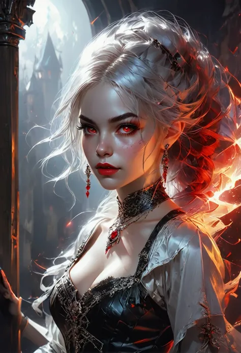 a portrait of a vampire playing poker game of cards, holding cards ((cards not shown:1.5)) the cards are dripping blood, an exquisite beautiful vampire, goth vampire, ((dynamic hair color: 1.5)), white pale skin, some blood veins are seen on the skin, red ...