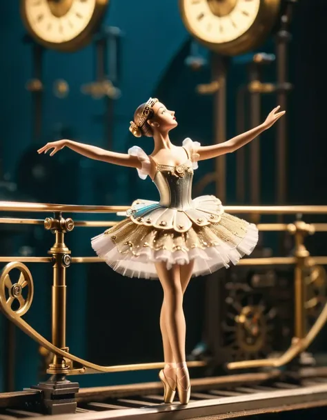 Photo Time Art, Toy ballerina dancing on a rail, Automate, Ballet Costumes, Clock mechanism, Essential Details, 50mm with attention to detail . cinematic 4k spectacular detail 4k spectacular detail photo taken with kodak details cinematic hbo dark moody, 3...