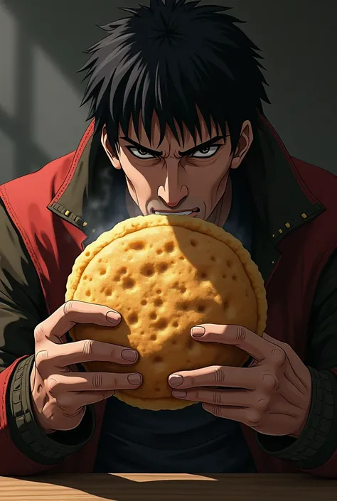 Guts from the anime berserk, eating arepa with shell