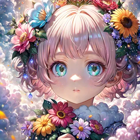 A cute child closeup on a flower, anna dittman style, fluffy clouds and flowers background, glow, glitter particles, giuseppe arcimboldo, volumetric lighting, soft pastel colors, ethereal, 8k, photorealistic, fog, 