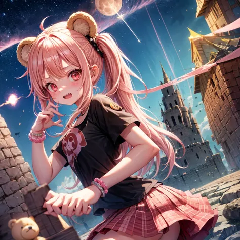 Pink Blonde、Red eyes、Hair tied up、One cute girl、solo、And soul、Checked mini skirt、black t-shirts、one piece、bear ears baseball cap、large tree、Thundercloud、Burning Full Moon、desert、Stones are piled up、Teeth are visible、Fortress City、Tilting face、Starry Sky、fi...