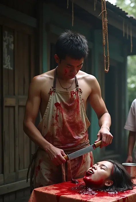 Crazy, horror, 17-year-old man, naked with an apron full of blood, bloody  woman. The man has a machete and is splitting open the head. Human head being traded in a traditional market, on a top of table, human trafficking, bleeding, womans head, open mouth...