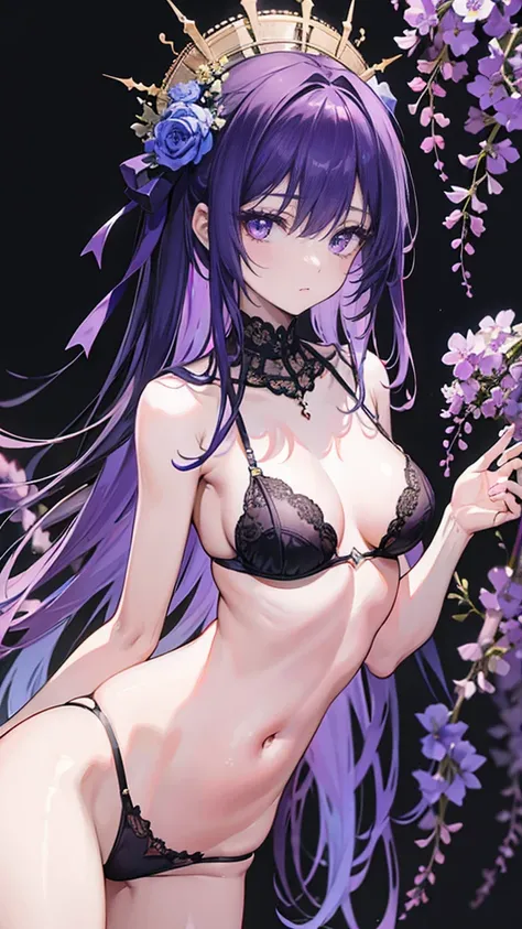 ((True best masterpiece, Ultimately perfect quality, Extremely delicate details)), ((Purple skin, Slim body, Whole body)), A skinny girl with small bust, With strong-purple skin, With purple hair, Wearing a black lingerie, With accessories, In the darkness...