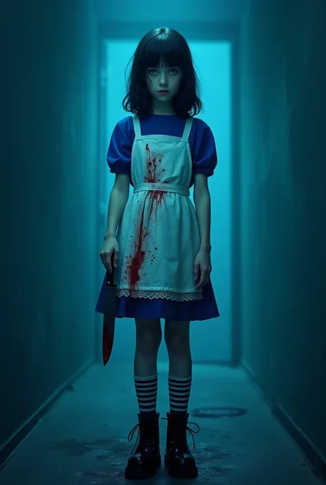 A movie poster,  with a teenager with black hair and green eyes, wearing a blue dress and a bloody white apron, black boots and striped socks, and holding a knife in his hand, and a blue background behind her 