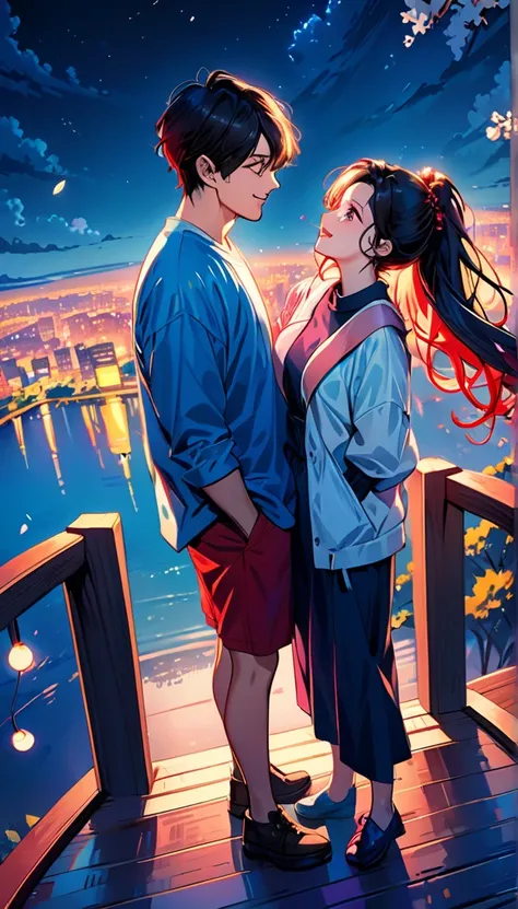 (Highest quality,Very detailed,Realistic:1.37),humor,Comic book style,Bold,Vibrant colors, Close to cool colors,Desaturate,Beautiful night view, A girl and a boy, Fun couple, Laughter, floating love,