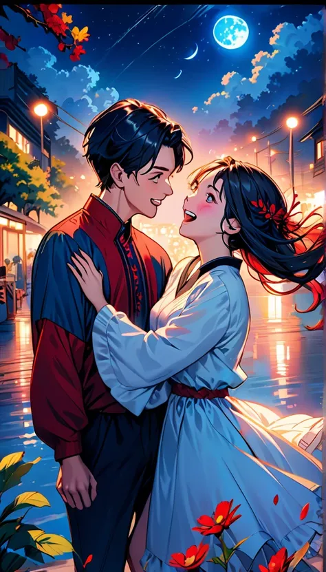 (Highest quality,Very detailed,Realistic:1.37),humor,Comic book style,Bold,Vibrant colors, Close to cool colors,Desaturate,Beautiful night view, A girl and a boy, Fun couple, Laughter, floating love,