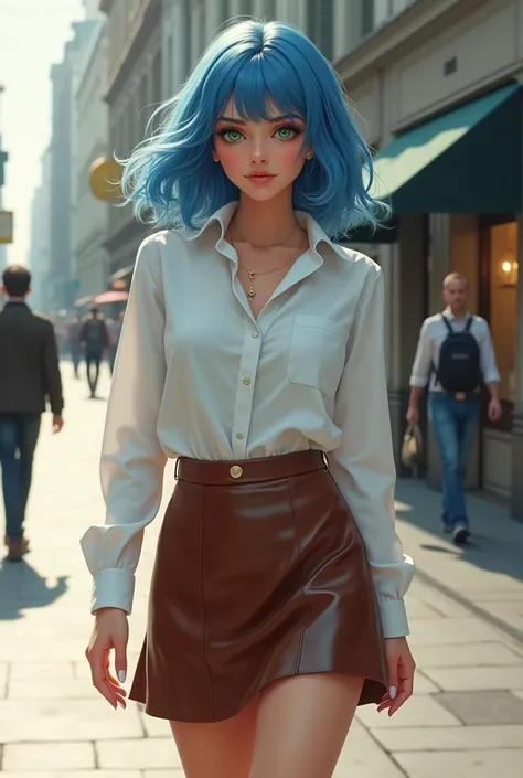 A woman with blue hair and a white shirt and brown leather miniskirt walks down the street, her hands are perfect, green eyes hyperrealistic