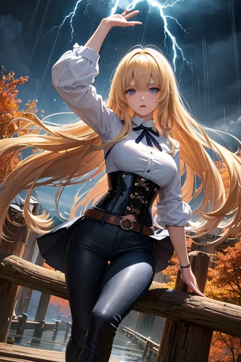 Modern anime-style digital painting of a 25-year-old female teacher in a frontal view and action pose during an autumn day, soaked by rain with dramatic lightning in the background. She is 165 cm tall, with measurements of 91-61-81 cm, and has waist-length...