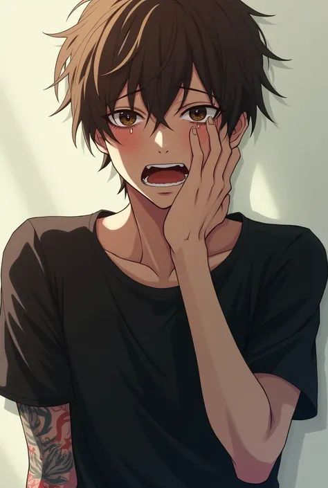 Anime style image of a thin male crying with brown hair and eyes wearing a black t-shirt and a tattoo only on his left arm 