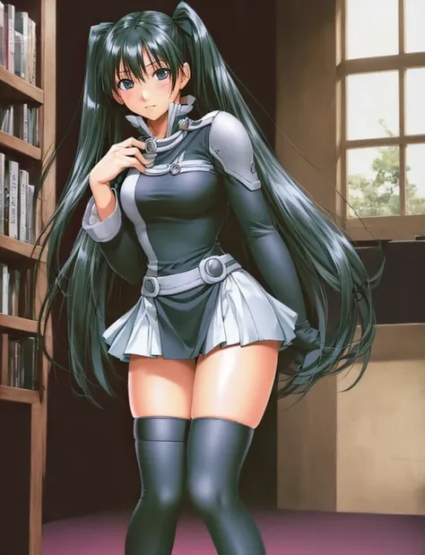 lenalee, with her long, beautiful legs and twin tails, is standing in the library wearing a miniskirt uniform and black knee soc...