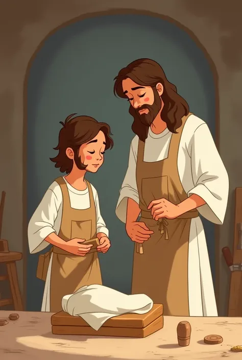 Jesus helping Joseph ( your father) in the carpentry In the format of a Disney drawing, something very minimalist that also represents Father&#39;s Day