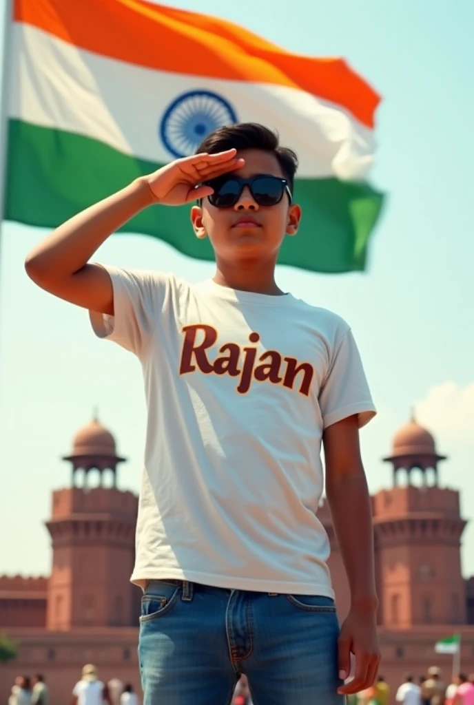 7TH PROMPT :- Create a realistic picture of an 18-year-old boy wearing a white t-shirt and blue jeans. He is saluting a big flying Indian flag, with the Red Fort in the background. The name “Rajan” is written on his t-shirt in bold letters, sunglasses. The...