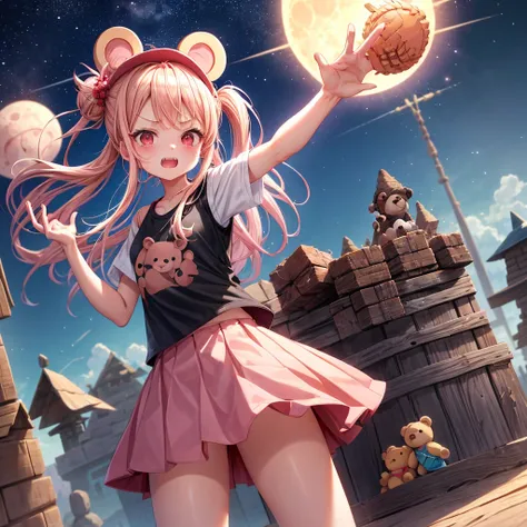 Pink Blonde、Red eyes、Hair tied up、One cute girl、solo、And soul、Checked mini skirt、black t-shirts、one piece、bear ears baseball cap、large tree、Thundercloud、Burning Full Moon、desert、Iron ore piles up、Teeth are visible、Fortress City、Tilting face、Starry Sky、fire...