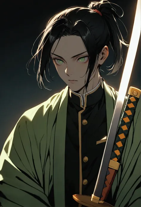 Boy belonging to the Demon Slayer hashiras with long black hair tied in a thin ponytail at the bottom of his head ,light green eyes,with a green haori with Tokito Muichiro&#39;s uniform and a katana representing nature 