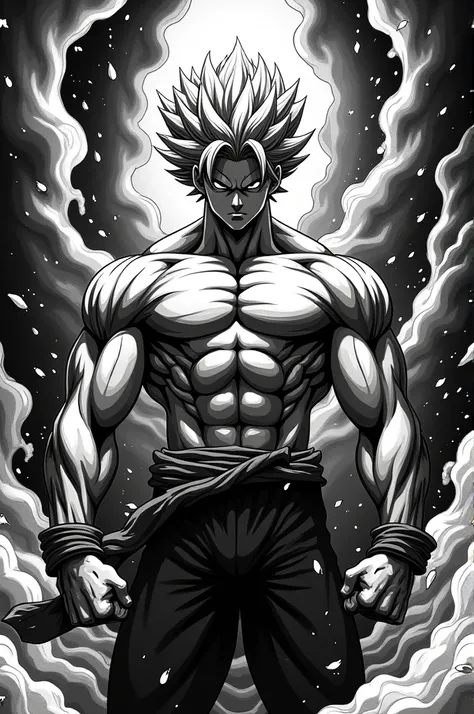 create a strong anime character in black and white, in the baki hanma style with a black and white psychedelic style background