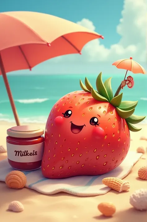 Strawberry with a face lying on a towel sunbathing on the beach with a jar of jam next to it, with some shells in the sand, an umbrella drinking a Milkeis and with an umbrella covering the strawberry from the sun 