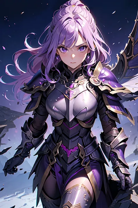 a close up of a person in a purple outfit standing on a hill, purple armor, wearing dark purple armor, fantasy paladin woman, in...