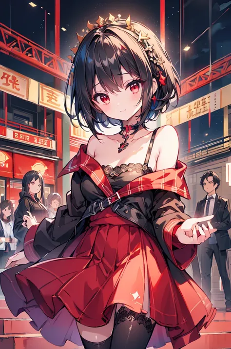 (masterpiece, highest quality, highest quality, (No text), Beautiful and aesthetic:1.2),No text,アニメ、BREAK,One Girl，Black Hair Girl　short hair　older sister　choker　Beautiful eyes　Red eyes　cool　smile　Black and Red　Black jacket　stockings　whole body　In town