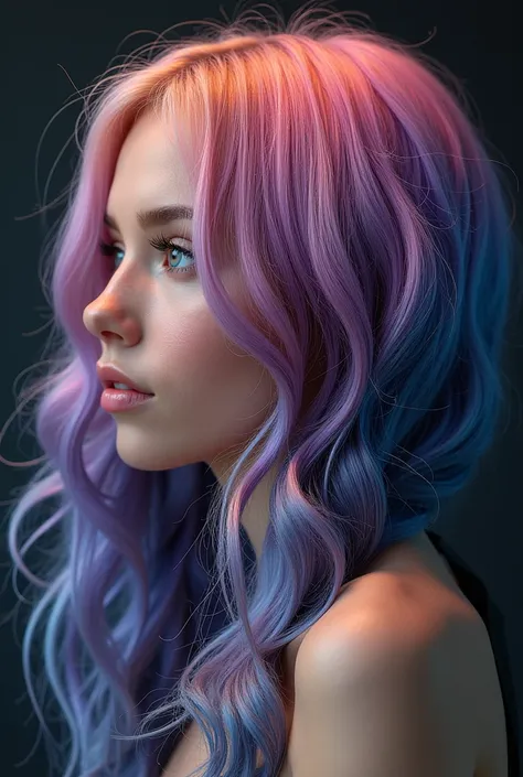 masterpiece, best quality, (realistic, highly detailed), iridescent multicolored hair,