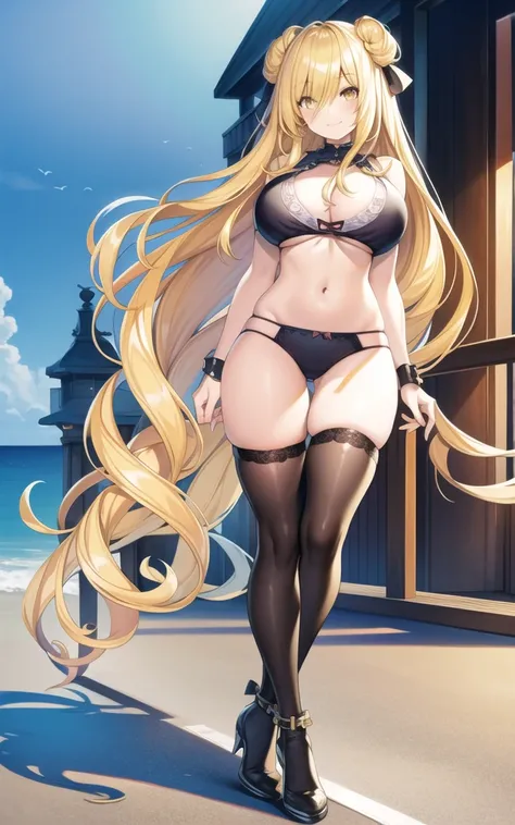 (roller:Mukuro:0.6), (masterpiece:1.2), (Highest_quality:1.2), (big_chest:1.2), View your viewers, One girl, alone, yellow_eye, blonde_hair, double_good, hair between eye, very long hair, Black bra, Black knee socks, String, underwear_only, Beach, smile